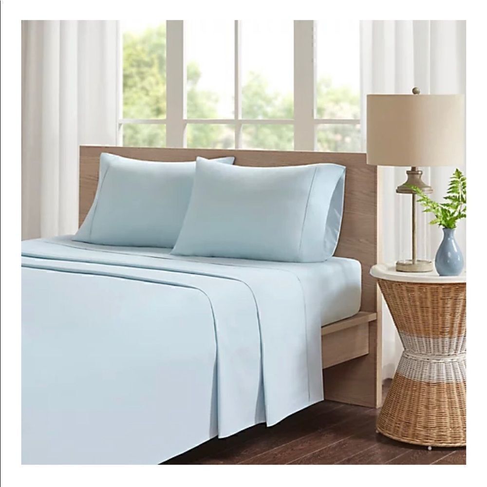 Madison Park 200-Thread-Count Peached Percale Cotton Full Sheets in Light blue
